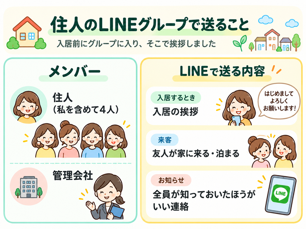 住人のLINEグループのメンバー（住人4人と管理会社）と、グループで送る内容