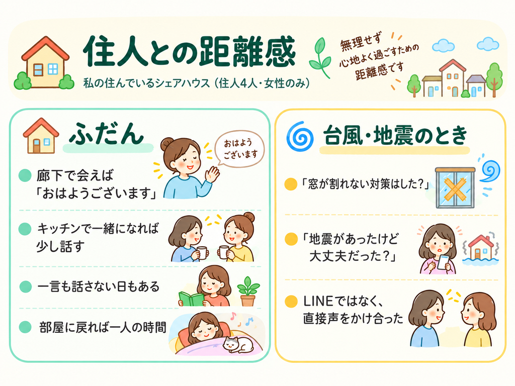 住人との距離感。ふだんは廊下で挨拶・キッチンで少し話す程度で、台風や地震のときは声をかけ合う