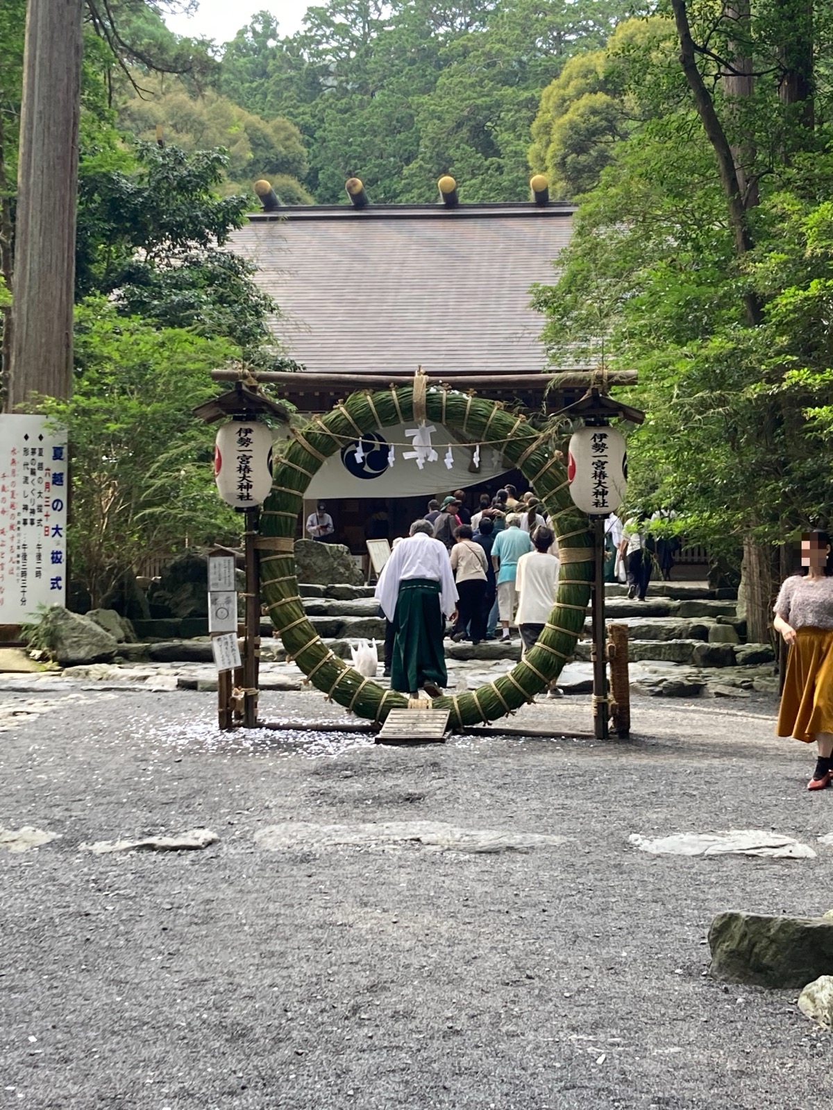 拝殿前に立てられた椿大神社の茅の輪と「夏越の大祓式」の案内板