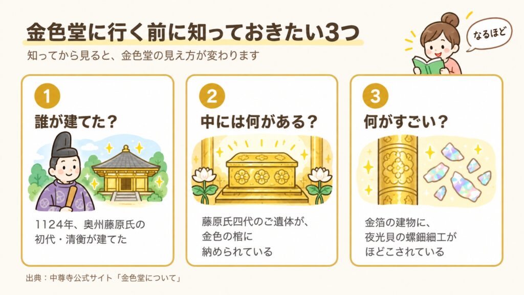 金色堂に行く前に知っておきたい3つ。清衡が建てた、藤原氏四代のご遺体、金箔と夜光貝の螺鈿細工