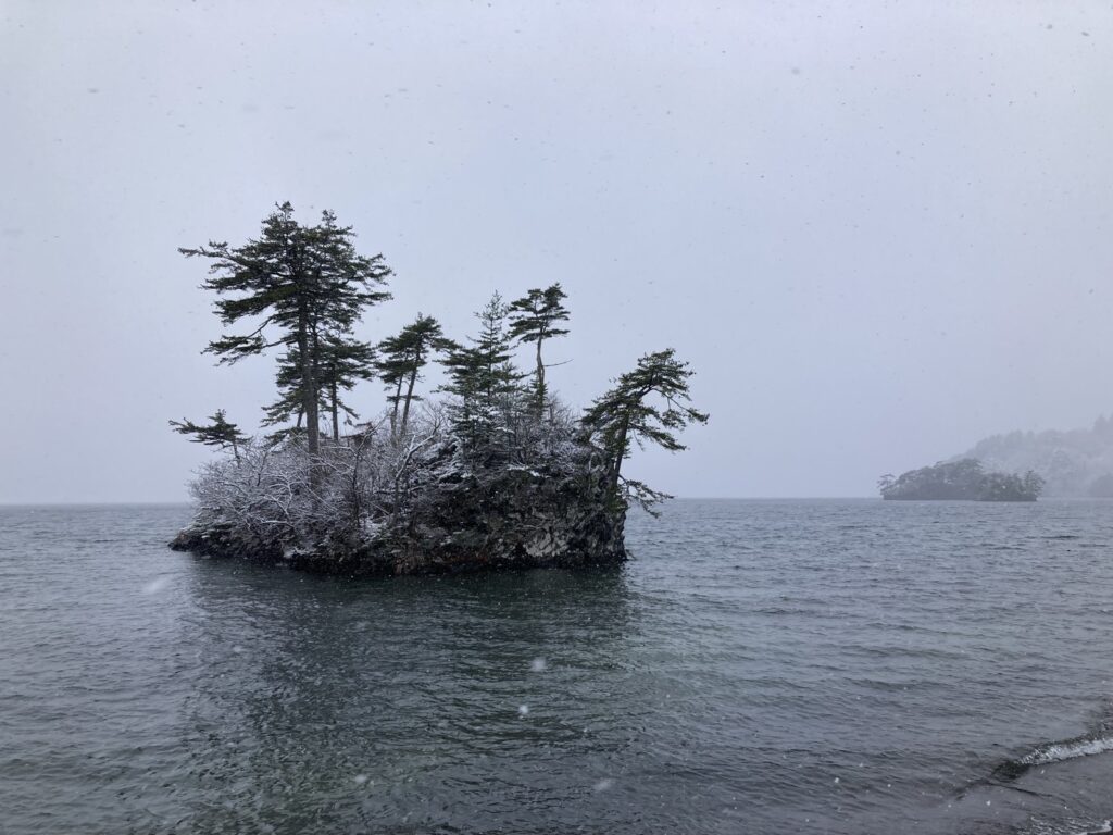 雪をかぶった松の小島と十和田湖