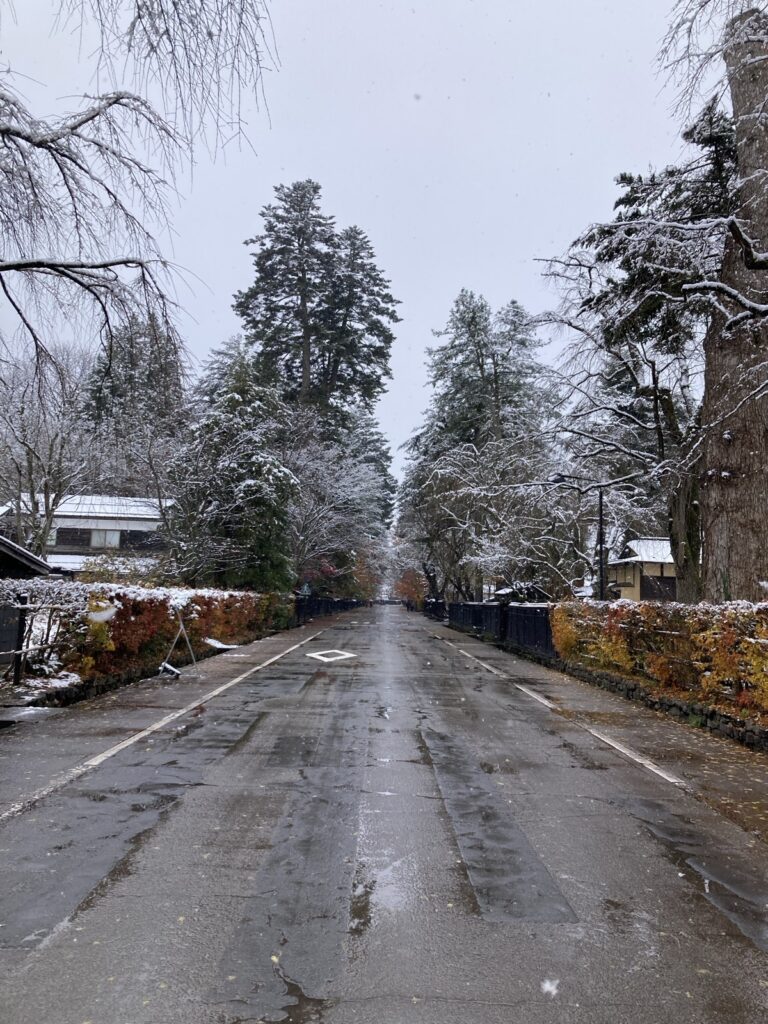 雪の降る武家屋敷通りと黒板塀