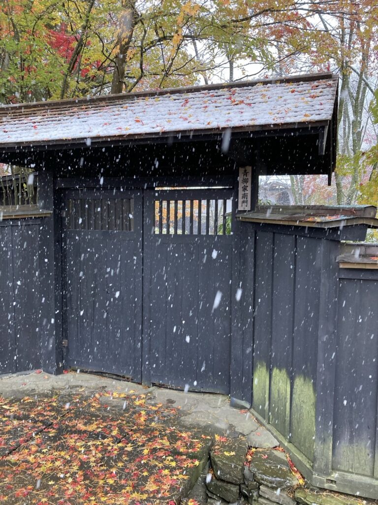 雪の降る青柳家の南門